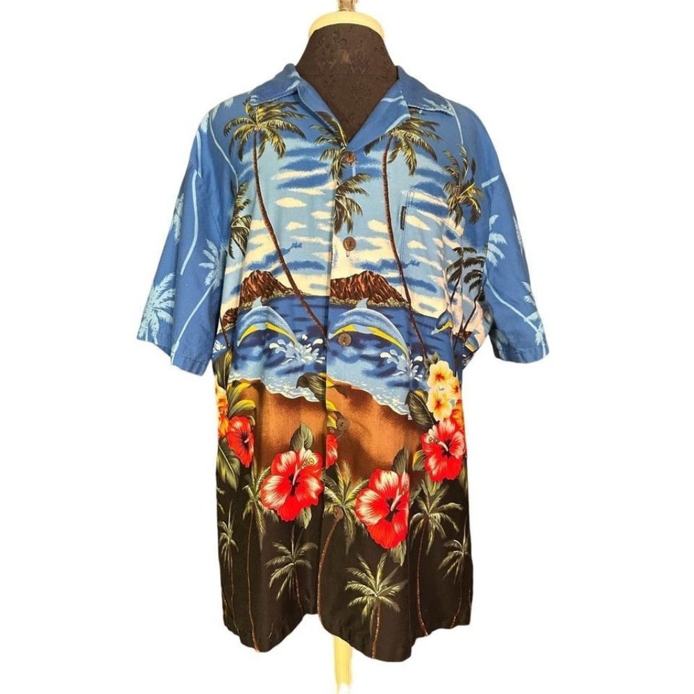 Palmwave Hawaiian Shirt, Men's Size Large, Colorful Flowers, Palm Trees, Button